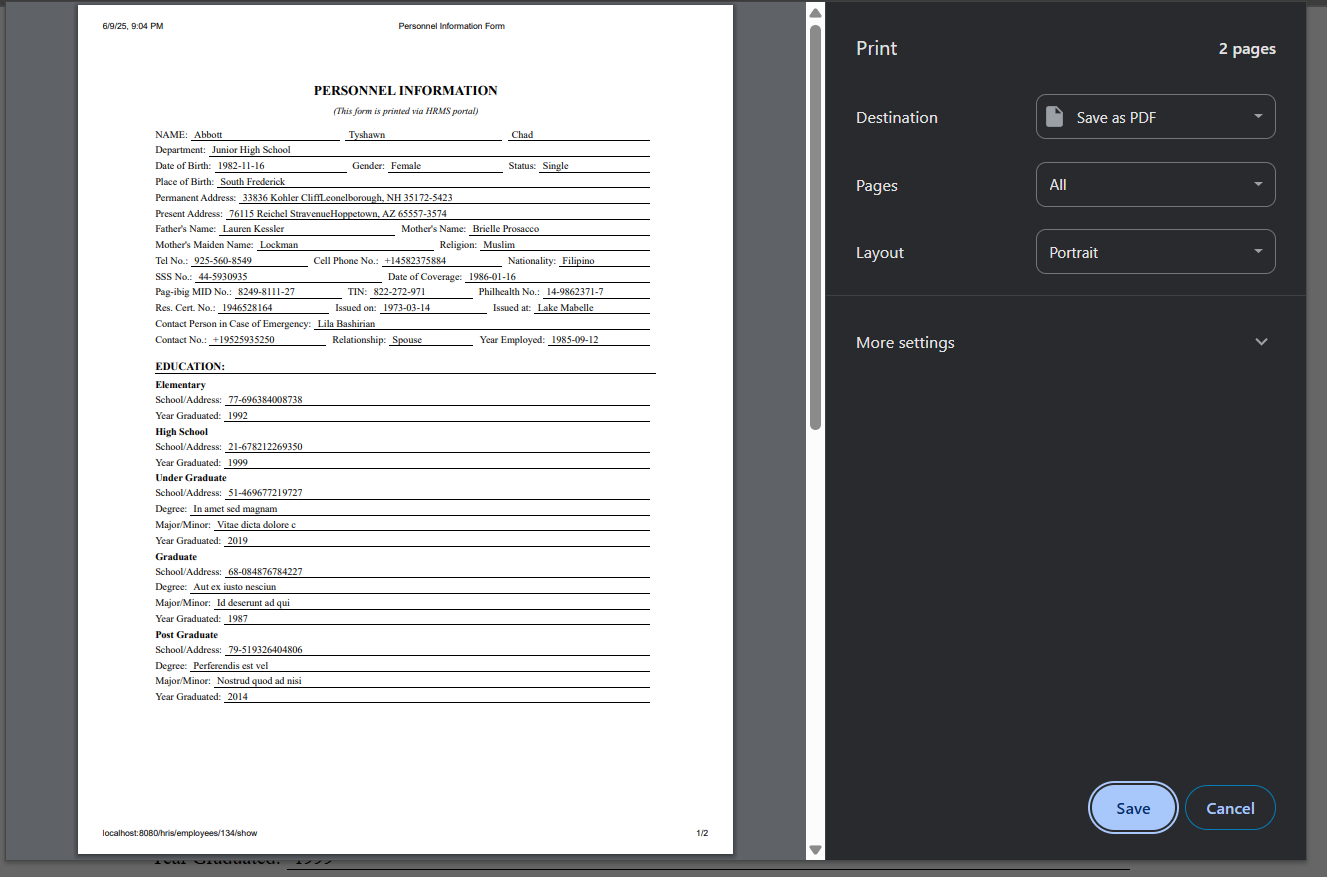 HRMS Printable Info